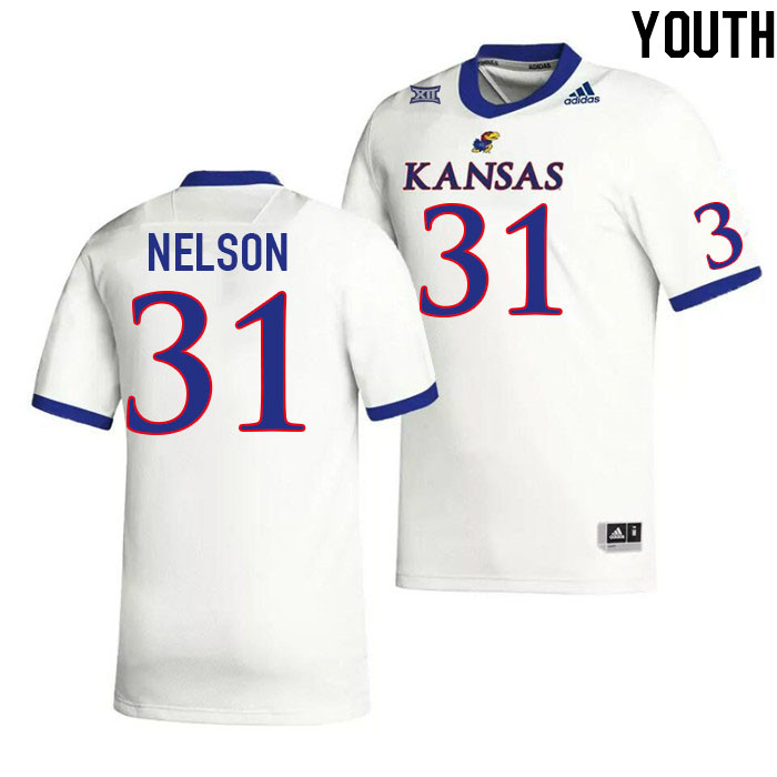 Youth #31 Landon Nelson Kansas Jayhawks College Football Jerseys Stitched Sale-White - Click Image to Close